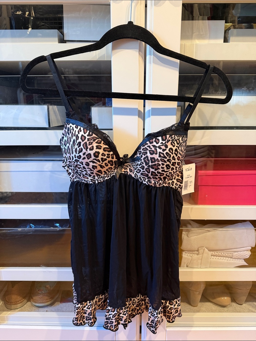 Maidenform Black and Leopard Print Lace-Trim Babydoll Chemise